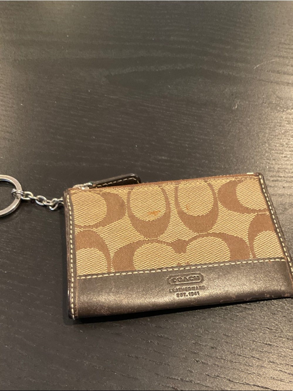 Coach Tan and Brown Signature Card Case Keychain